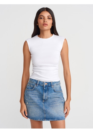 Dilvin 21054 Büzgülü Basic T-shirt-beyaz Beyaz