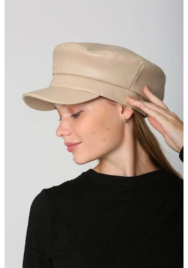 Kadın Deri Kaptan Denizci Şapka Rkş-09 Bej Bej
