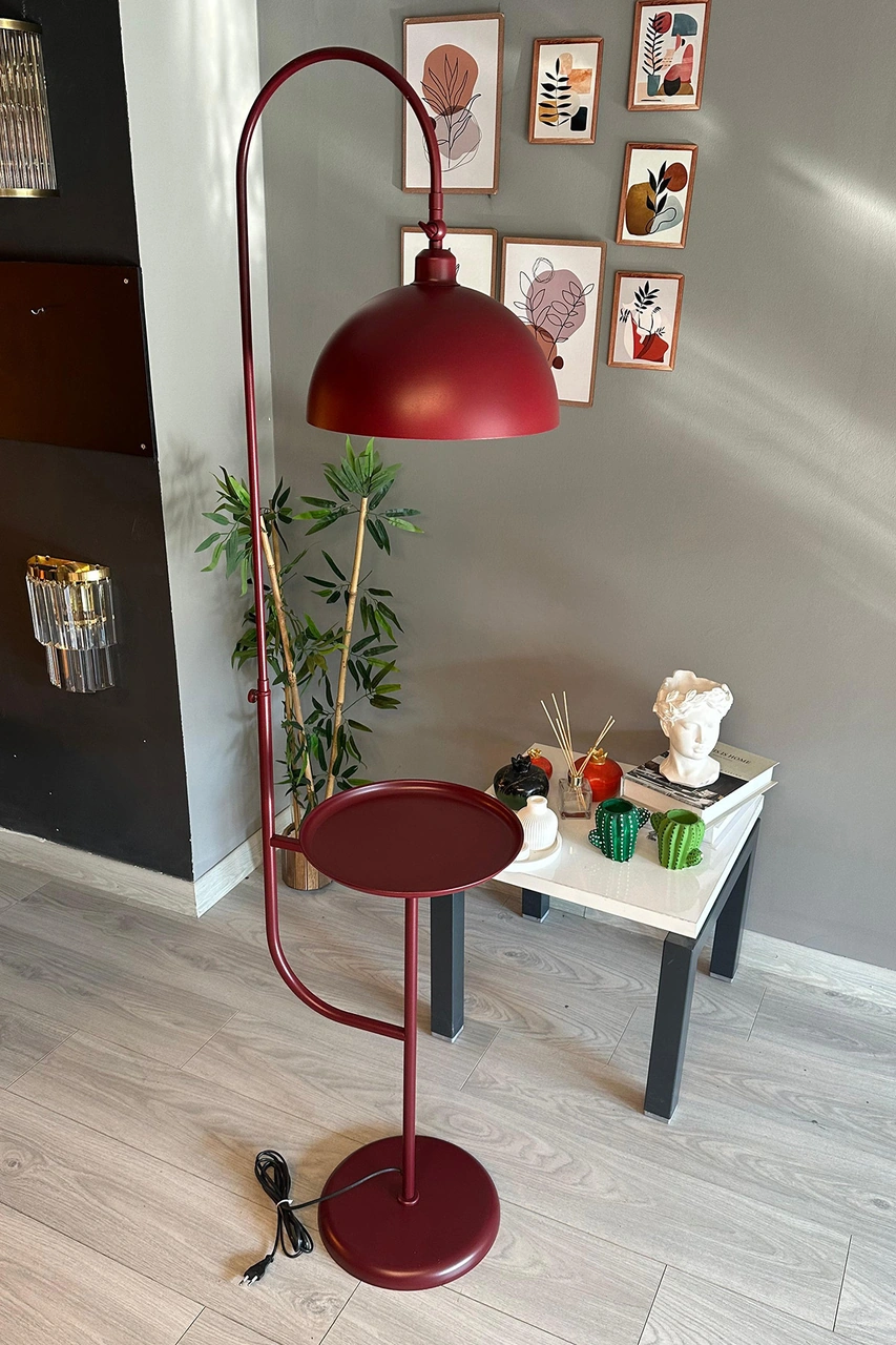 Vişne Çürüğü Lambader Hareketli Başlık Sehpalı Modern Dekoratif Metal Oturma Odası Çalışma Odası Bordo