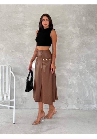 Kadınyüksek Bel Cep Ve Düğme Detay Fırsat Ürün Midi Boy Deri Etek Kahve