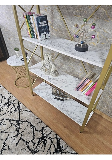 Gold Boyalı Kitaplık - 5 Raflı Suntalem Lüks Kitaplık Beyaz Merme Çok Renkli