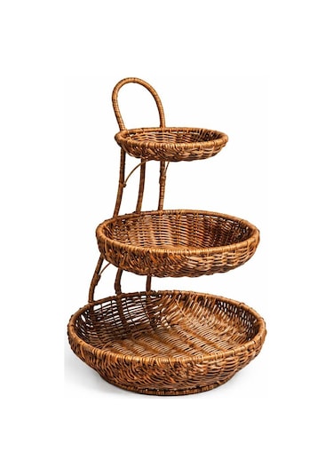 Kosova Wicker Serisi Hasır 3 Katlı Sunumluk Sarı