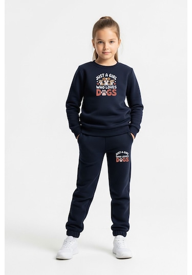 Düz Yuvarlak Yaka Dogs Yazı Baskılı Kız Çocuk Eşofman Takımı Lacivert