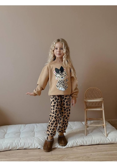 Kız Çocuk Kedi Desenli Leopar Modelli 3 İplik Takım Bej
