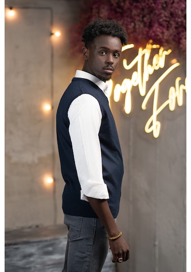 V Yaka Regular Fit Yünlü Kolsuz Triko Süveter Lacivert