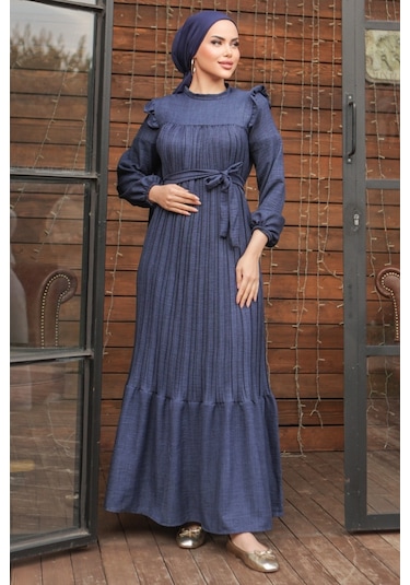 Fırfırlı Pilise Elbise 777 - Lacivert