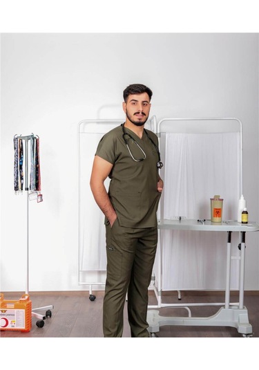 Likralı Cerrahi Forma Unisex Hemşire Doktor Sağlıkçı Forması Scrubs Üniforma Haki