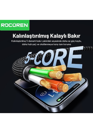 Rocoren 27w Type-c To Lightning Rgb Aydınlatmalı Örgülü Şarj Ve Data Kablosu 1 Metre
