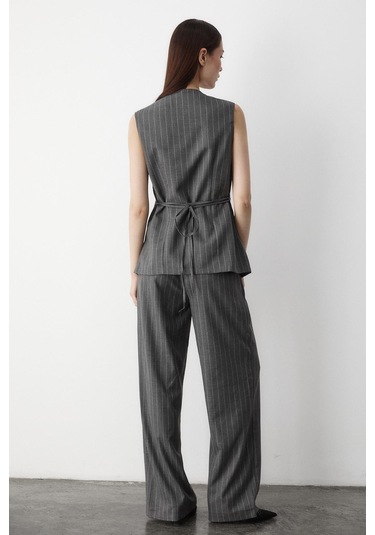 Antrasit Çok Düğmeli Çizgili Premium Takım Antrasit