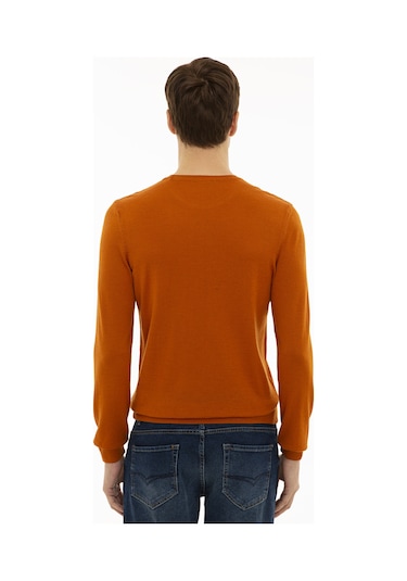 Cacharel Turuncu Slim Fit Bisiklet Yaka Basic Triko Kazak