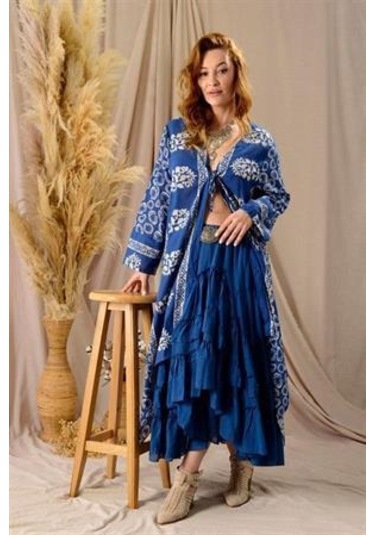 Özel Tasarım Ham Keten Otantik Astarlı Carmen Etek-9895 Petrol Mavisi