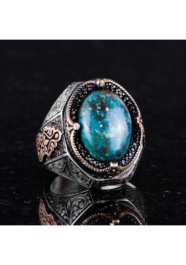 Gerçek Doğal Krysokolla Taşlı Yüzük - 925 Ayar Katı Gümüş Erkek Yüzüğü Gümüş