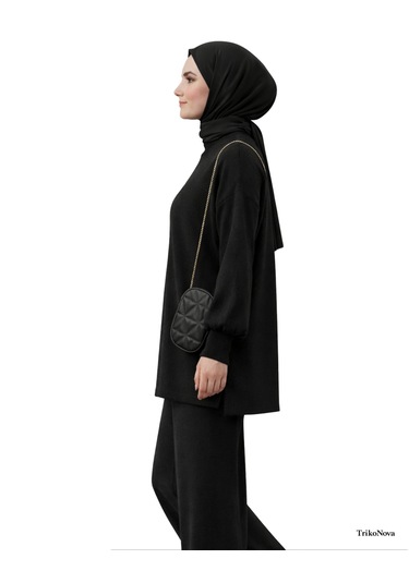 Trikonova Balon Kol Bol Paça Alt Üst Kadın Triko Tesettür Takım Siyah