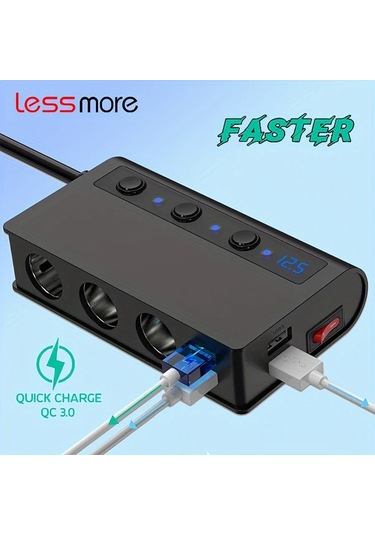 Xuweiwei Lessmore Siyah 4 Portlu Voltaj Göstergeli 12 24v Araç Şarj Cihazı Hızlı Şarj 1den 3e Adaptör Led Ekran Kompakt Tasarım