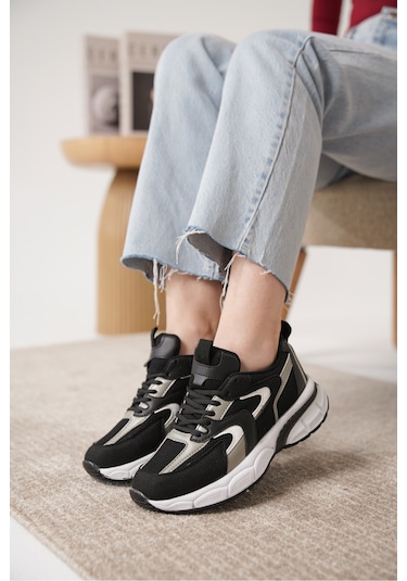 Sameto Günlük Ortopedik Kadın Sneaker Spor Ayakkabı Siyah-beyaz