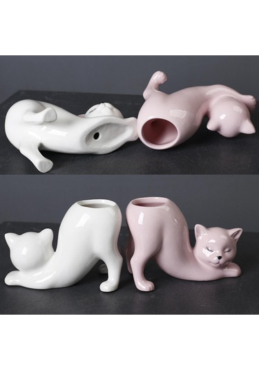 Suntek Magideal Karikatür Kedi Saksı Seramik Kapalı Açık Beyaz