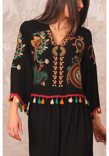 Kadın Siyah V Yaka Önü Ve Kolları Otantik Nakışlı Püsküllü Uzun Elbise-sıyah Siyah