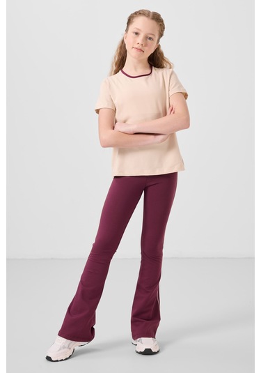 Bej-bordo Pamuklu O Yaka Standart Fit Basic İspanyol Paça Kız Çocuk Tayt Takım - 75192 Bej