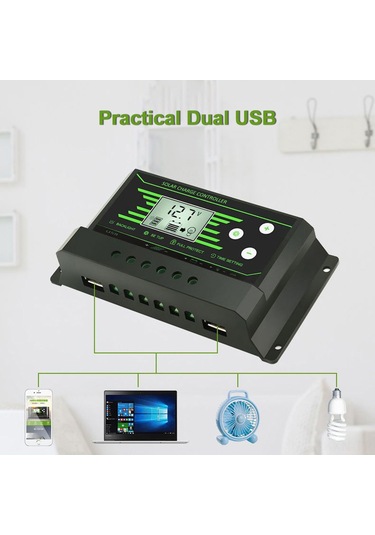 Kosona 12v/24v Akıllı Güneş Kontrolörü 10a - Pwm Yükleme, Çift Usb Arayüzü, Lcd Ekranlı