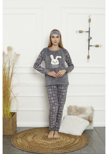 Kadın Ekose Desenli Polar Pijama Takımı 02133 Antrasit