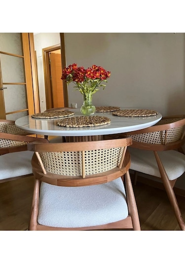 Elor Yuvarlak Ahşap Masa Takımı Bohem 4 Kişilik Mutfak Masa Sandalye Takımı Krem