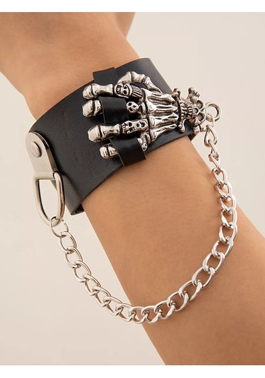 Tevdı Zincirli Kafatası Punk Metal Eko Deri Bileklik 198603655 Siyah
