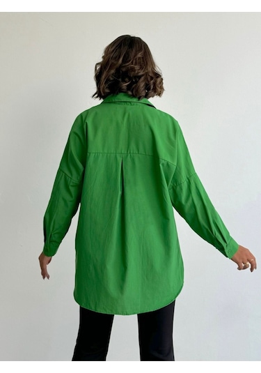 Kadın Oversize Uzun Basic Gömlek Yeşil