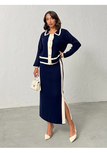 Kadın Inci Düğmeli Etekli Triko Takım Lacivert
