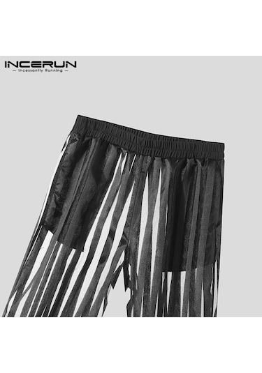 Incerun Erkek Yazlık Fileli Şeffaf Pantolon Yazlık Çizgili Uzun Pantolon Siyah