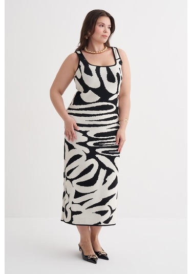 Desenli Triko Elbise-6264 Siyah