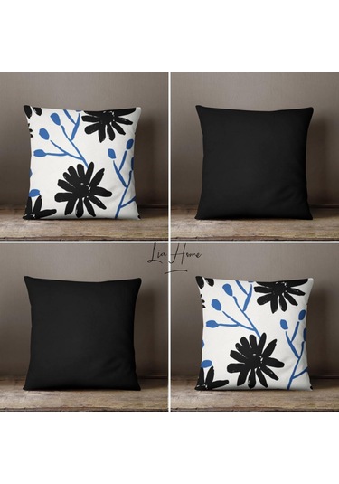 Siyah-Beyaz Renk Dekoratif 4'Lü Kombin Kırlent Kılıfı Siyah-Beyaz-Mavi-43X43