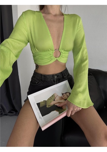 Saten Crop Toka Detaylı Bluz - Yeşil Karışık