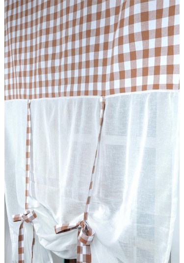 Naturel Potlu Ekose Tül Perde Retro Kahve Rengi