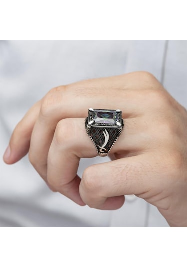 Zülfikar Desenli Kare Mistik Topaz Taşlı 925 Gümüş Erkek Yüzük