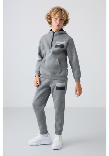 Tommy Life Gri Melanj Pamuklu Kalın İçi Tüylü Yumuşak Dokulu Standart Fit Baskılı Erkek Çocuk Eşofman Takım - Gri Melanj