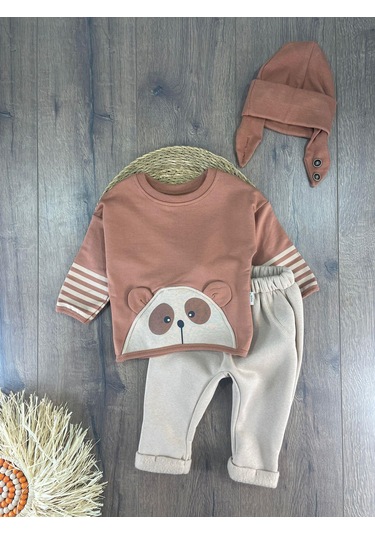Oversize Şerit Detaylı Yumuşak Doku Bereli Erkek Bebek 3'lü Takım Kahverengi