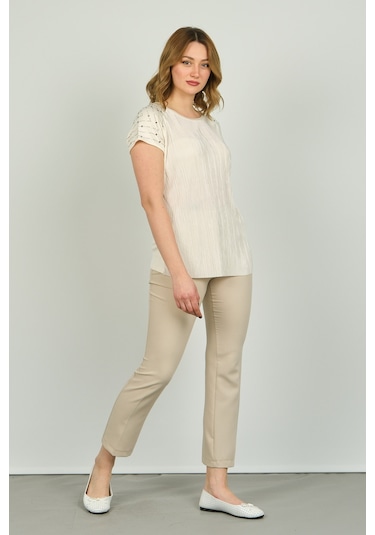 Ella Camelia Kadın Omzu Taş Detaylı Desenli Bluz 18e013 Krem