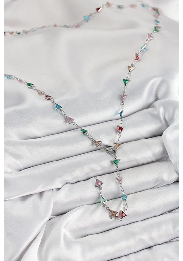 Pirinç Renkli Zirkon Taşlı Üçgen Model Gümüş Renk Kadın Y Kolye Çok Renkli