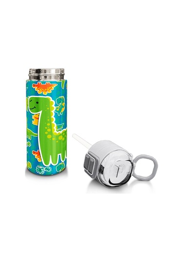 Coral High Kids Mavi Yeşil Dinozor Desenli Pipetli Ve Direkt İçim Çelik Termos 500 Ml 31798 Mavi