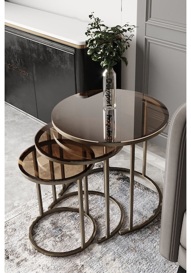 Dekoport Milas C Zigon Sehpa Prinç Eskitme Rengi Bronz Cam Eskitme