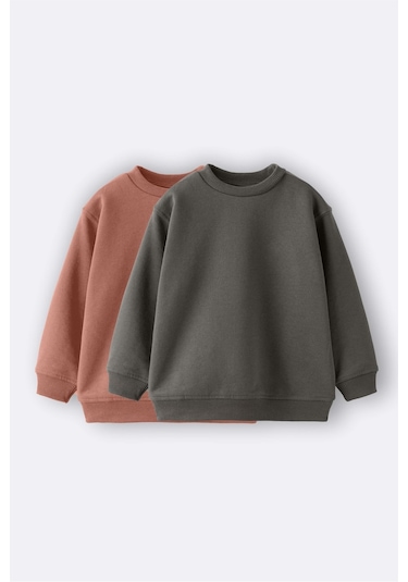 2'li Basic Şardonlu Çocuk Sweatshirt 3-10 Yaş Hardal-antrasit Haki - Kahverengi