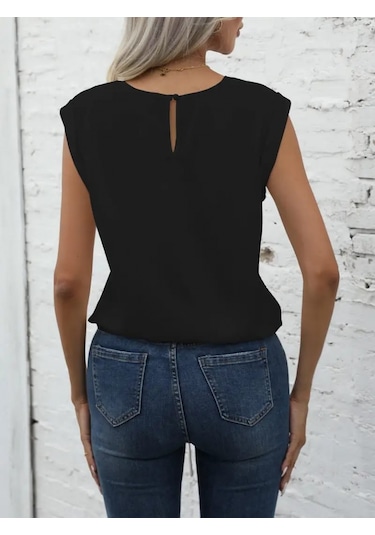 Ge Ticaret Kadın Sıfır Kol Etek Ucu Bağlama Detay Ithal Krep Bluz Siyah