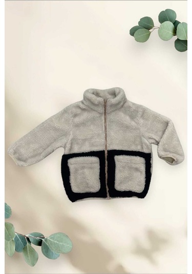 Kız Çocuk Peluş Ekru Siyah Cepli Fermuarlı Welsoft Kışlık Mont Ekru
