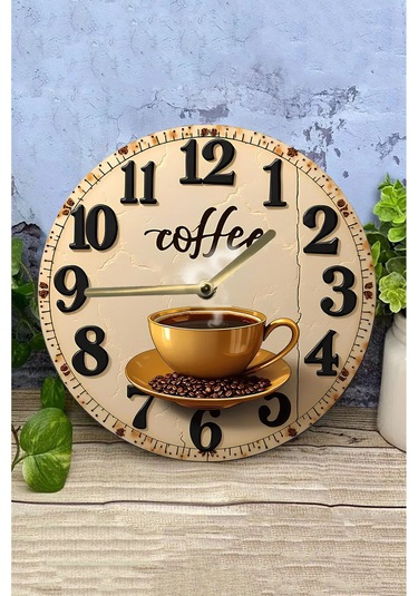 Sessiz Yuvarlak Ahşap Duvar Saati, Kuvars Coffe Desen 2d Sdw028 Renkli