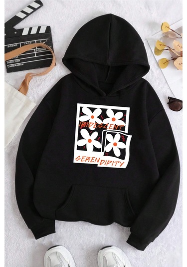 Iridescent Serendipity Baskılı Oversize Sweatshirt Siyah