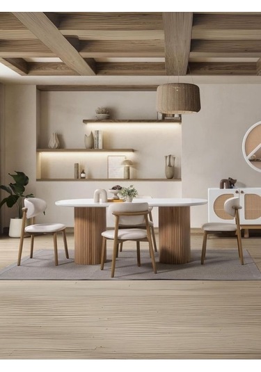 Narven Bohem Natural Ahşap Masa Sandalye Takımı 90x180 Meşe - Beyaz