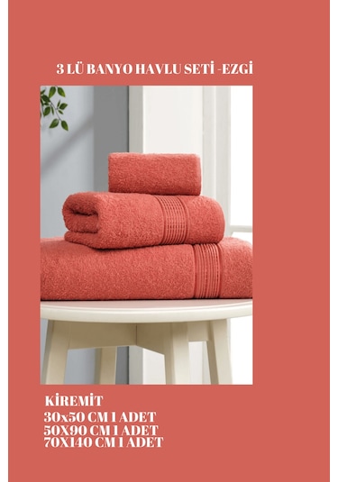 3 Parça Ekonomik Banyo Havlu Seti Pamuklu Ezgi Kiremit
