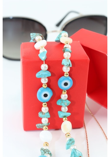Boncuklu Gözlük İpi. Gözlük Zinciri. Tasarım İncili Doğal Taşlı. Gözlük İpi. Gözlük İpi Askısı. Beyaz - Mavi