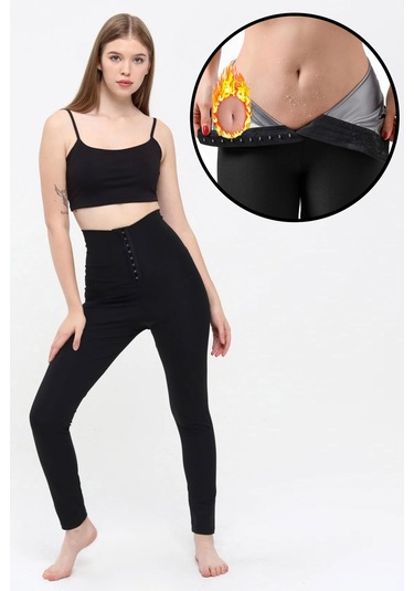 Sauna Termal Tertleme Taytı Agraflı Yüksek Bel Siyah Tayt Siyah