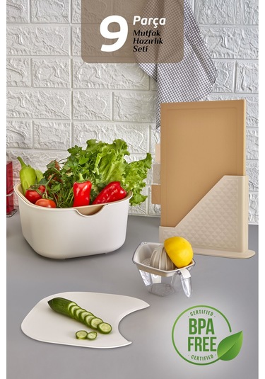 9'lu Mutfak Hazırlık Seti - Dik Standlı Kulplu Kesme Tahtası Karıştırma Kabı Süzgeç Limon Sıkacağı Bej